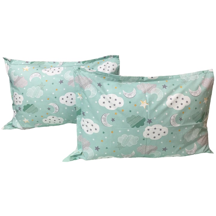 Set doua huse de perna verde, pentru copii, 50X70cm, din colectia "Vis cu norisori" din bumbac ranforce, by Liz Line - SPR50/70232