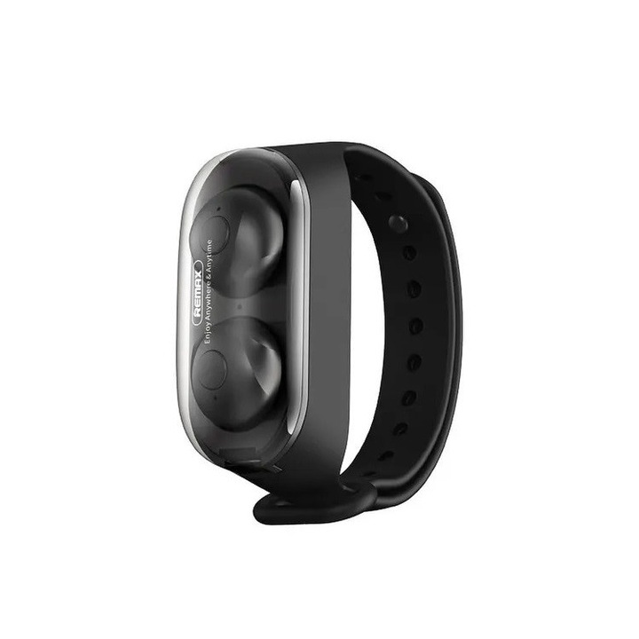 Remax TWS-15 stereo bluetooth headset, csuklóra rögzíthető, csuklópánt töltőtokkal, fekete