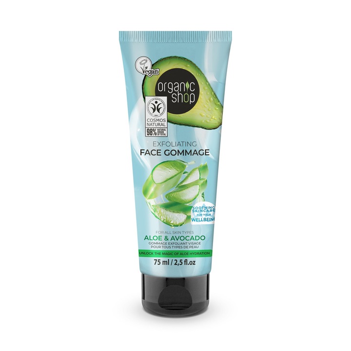 Gomaj facial exfoliant cu Aloe si Avocado pentru toate tipurile de piele Organic Shop, 75 ml