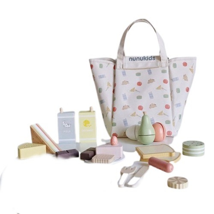 Set jucarie lemn Montessori, Joc de rol cu accesorii pentru picnic, geanta, 24 accesorii viu colorate