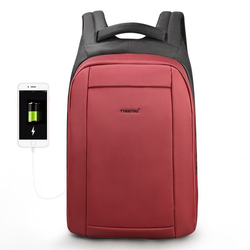 Rucsac laptop 15.6", impermeabil, cu buzunar si fermoar ascuns antifurt, port USB, Tigernu, 44x30x16 cm, Rosu