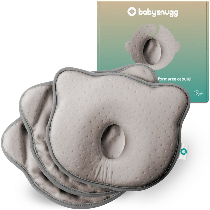 Perna bebelusi Babysnugg cu 2 huse de protectie anti plagiocefalie pentru formarea capului, gri