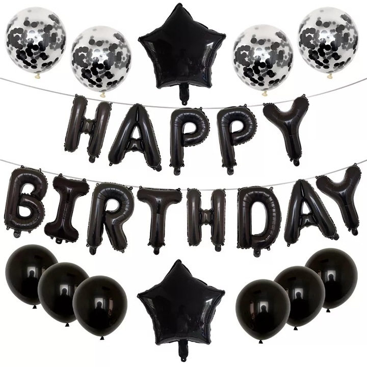 Set 25 de baloane Aniversare Happy Birthday, Negru, It's Party Time