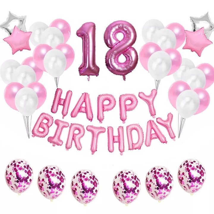 Комплект от 44 балона за възрастни, 18 години, Честит рожден ден, конфети, Време е за парти, Розов, 1 метър