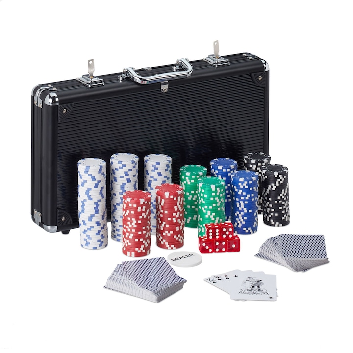 Комплексен покер комплект с 300 чипа Relaxdays, Включва 2 комплекта карти, 5 зара, Снабден с алуминиев калъф с размери 26,5 x 38 x 7 см, черен