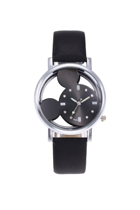 Ceas de dama Mickey Mouse, curea neagra din piele ecologica si cadran negru