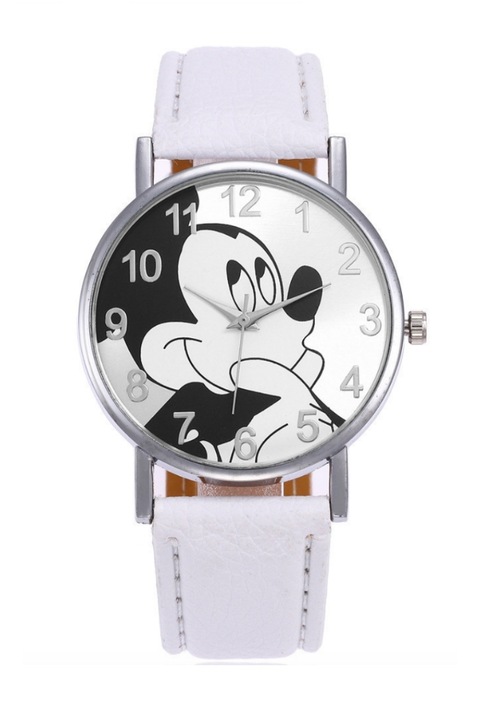 Ceas de dama cu bratara alba din piele ecologica si cadran cu Mickey Mouse