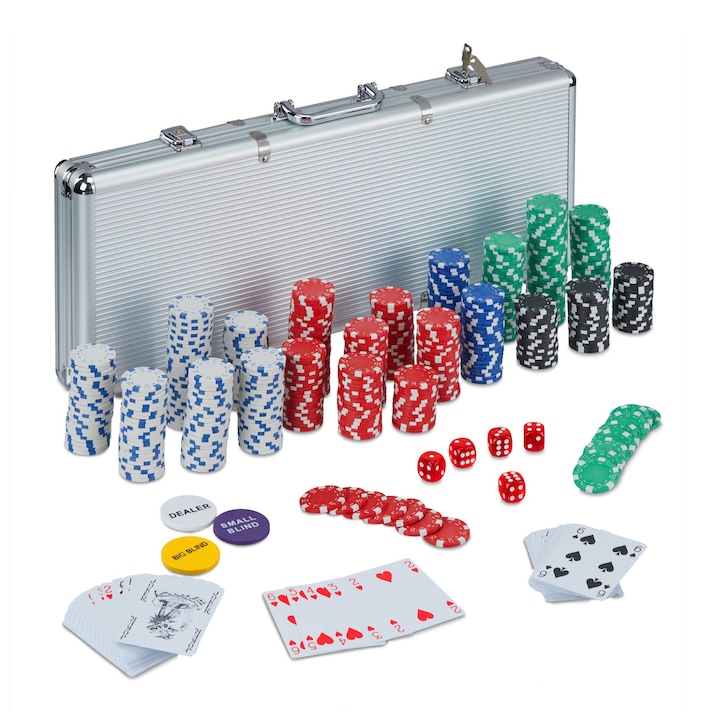 Комплексен покер комплект с 500 чипа Relaxdays, Включва 2 комплекта карти, 5 зара, Снабден с алуминиев калъф с размери 26 x 56,5 x 6,5 cm