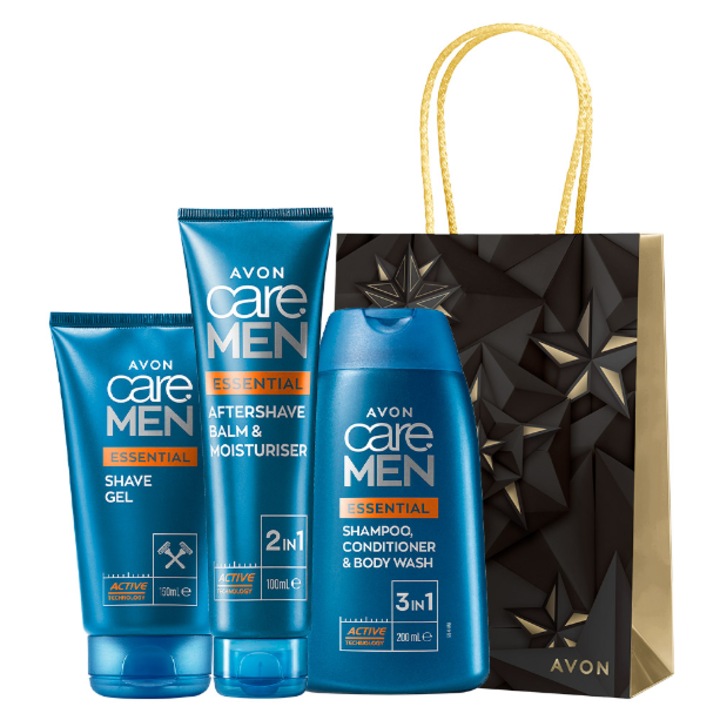 Комплект козметика за бръснене Avon Care Men, Шампоан 3 в 1 200 мл/Гел за бръснене 150 мл/Афтършейв 2 в 1 100 мл, включена подаръчна торбичка