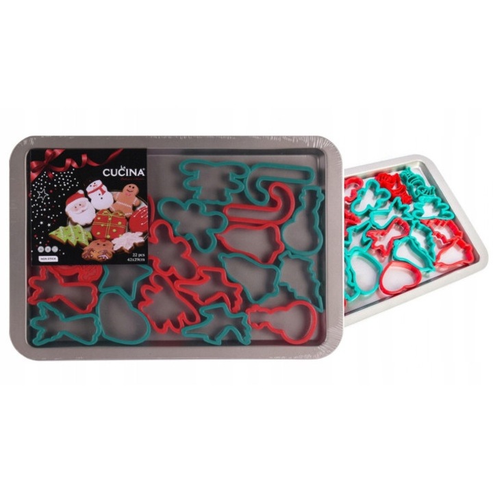 Tava de copt cu 21 forme pentru fursecuri, Xmas, 42x29x2 cm, otel