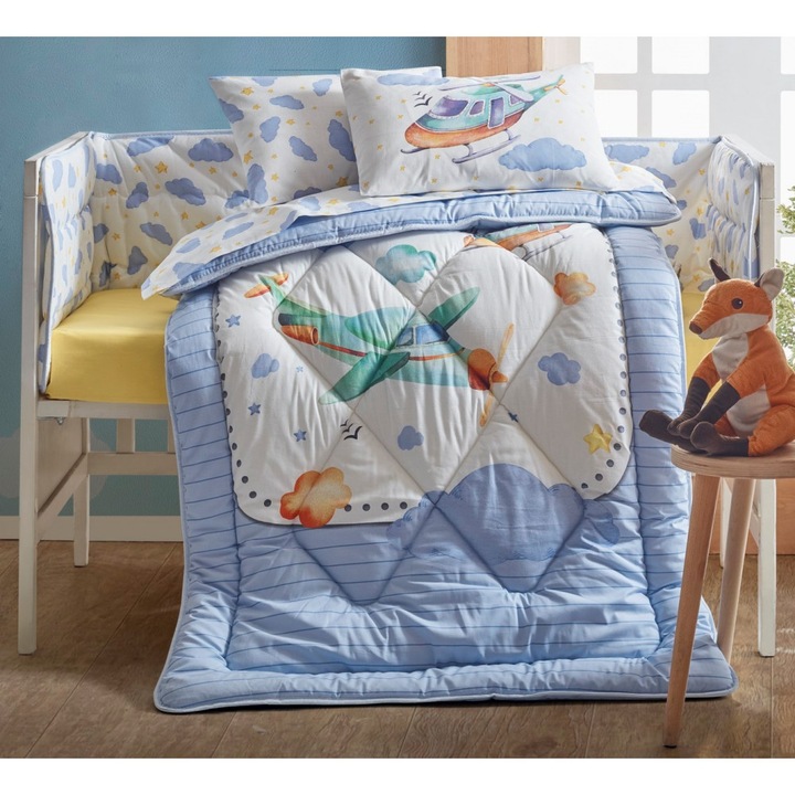 Lenjerie patut cu 6 piese Baby Ranforce Airplane Blue