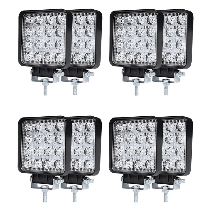 Set 8 Bucati Proiectore LED Auto Flexzon, Offroad, 48W, 12V-24V, 1800 Lumeni, Patrat, Spot Beam 30°