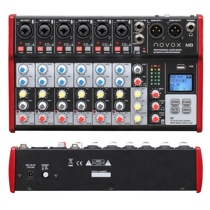 NOVOX M8 MKII Hangkeverő beépített effekttel, 8 csatorna, USB, Bluetooth, MP3 lejátszó, felvevő, piros/fekete