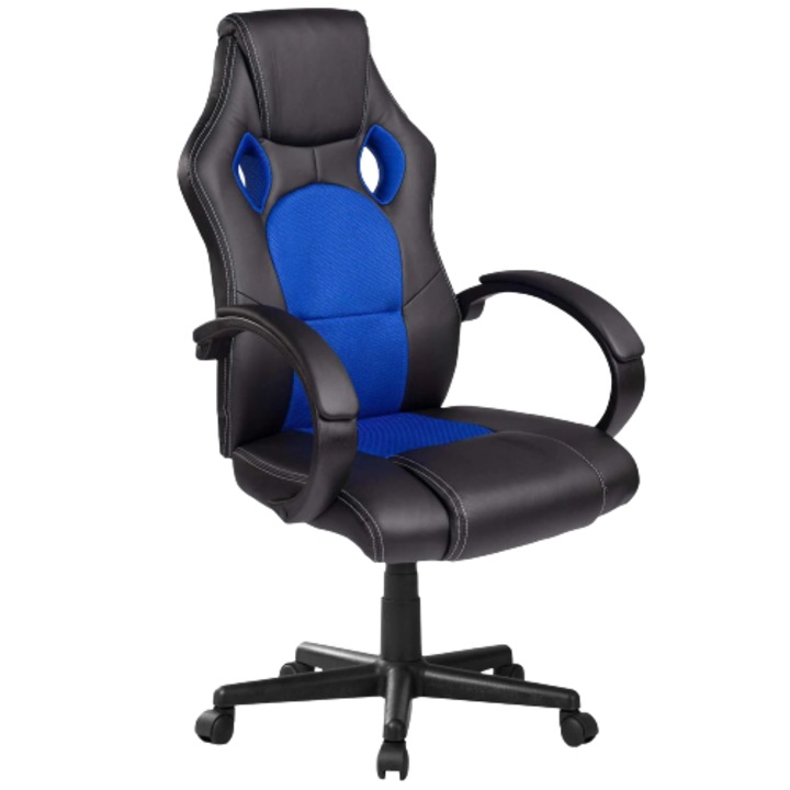 DacEnergy © játékszék, ergonomikus, fejtámlával, egyenletes magasságállítással, magas háttámlával szellőzőkkel, dupla kerekekkel, strapabíró talppal, fekete és kék