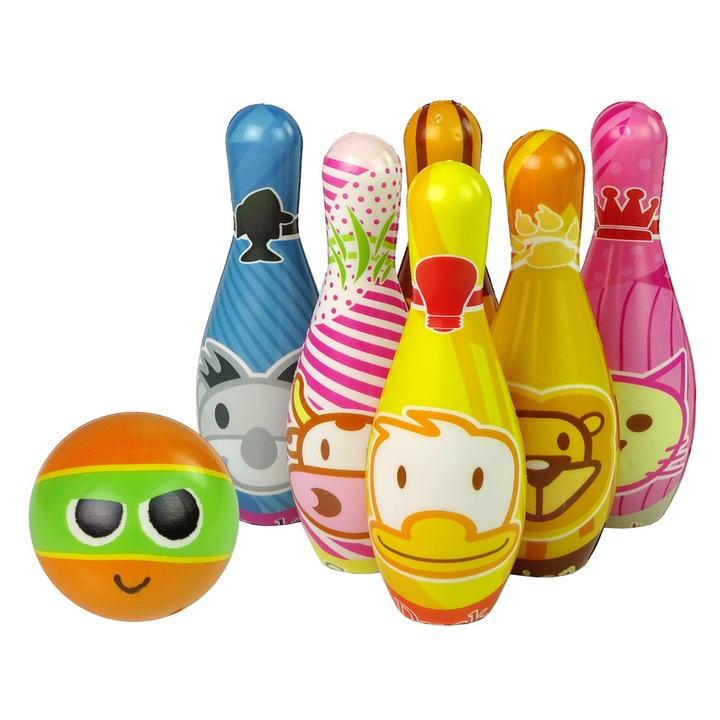 Комплект от 6 кегли и топка за боулинг Lean Toys, дунапрен, многоцветен