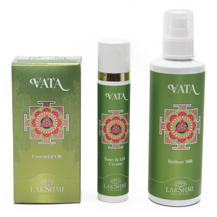 Set 3 produse pentru tenul uscat si deshidratat "vata radiance" 280ml, Lakshmi, crema, lapte demachiant si ser