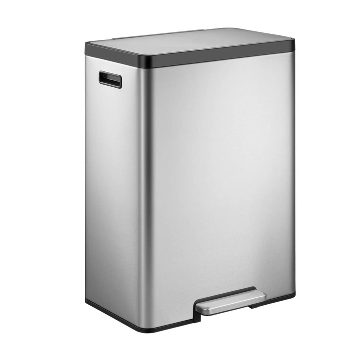 EKO кошче за боклук с педали, Ecocasa II Step, 45 литра, 1 подвижно отделение, безшумно отваряне/затваряне, неръждаема стомана, устойчиво на пръстови отпечатъци, сребристо