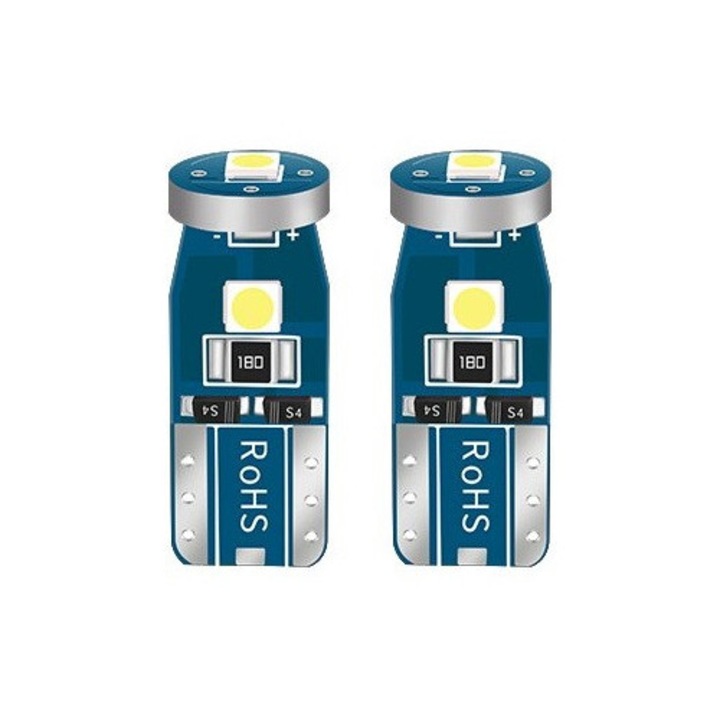 Комплект от 2 LED крушки T10, 3 SMD, W5W, 12V, за позиция, плафониери, багажник, бяла светлина 6000k