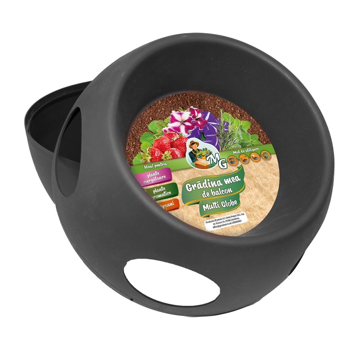Пластмасови саксии Multiglob за тераса и балкон за отглеждане на ягоди и ароматни билки, без дренажни отвори, с диаметър 32,5 см, цвят антрацит, идеални за изграждане на посадъчни кули