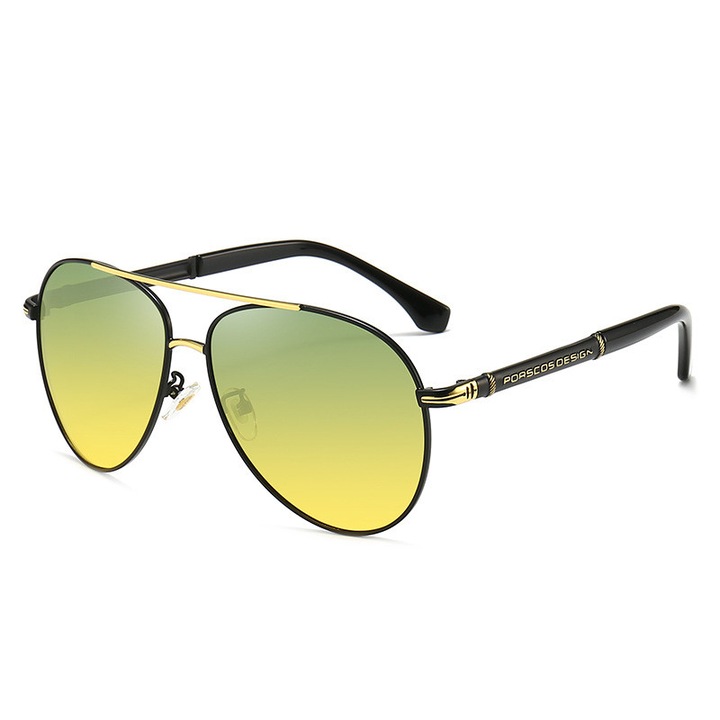 Ochelari de soare polarizati, RMEGA, Model aviator, Negru/Verde