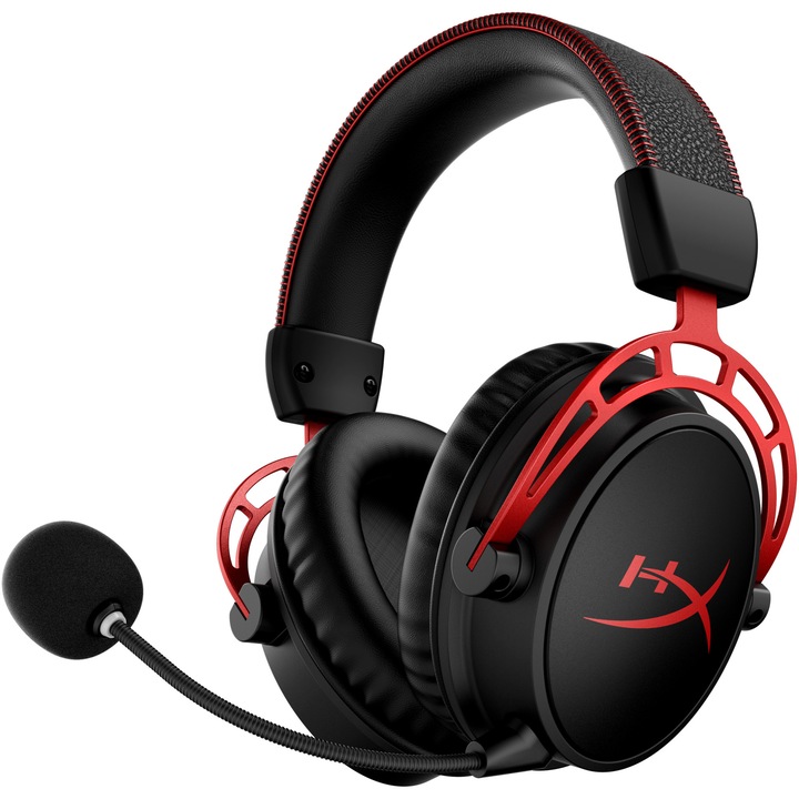 Casti gaming wireless HyperX Cloud Alpha, DTS Headphone:X Spatial Audio, autonomie pana la 300 de ore, 2,4GHz, microfon detasabil cu noise cancelling si LED, negru/rosu