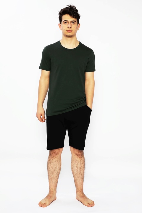 Férfi pizsama, rövid ujjú felső, rövidnadrág, fehér/fekete, Khaki