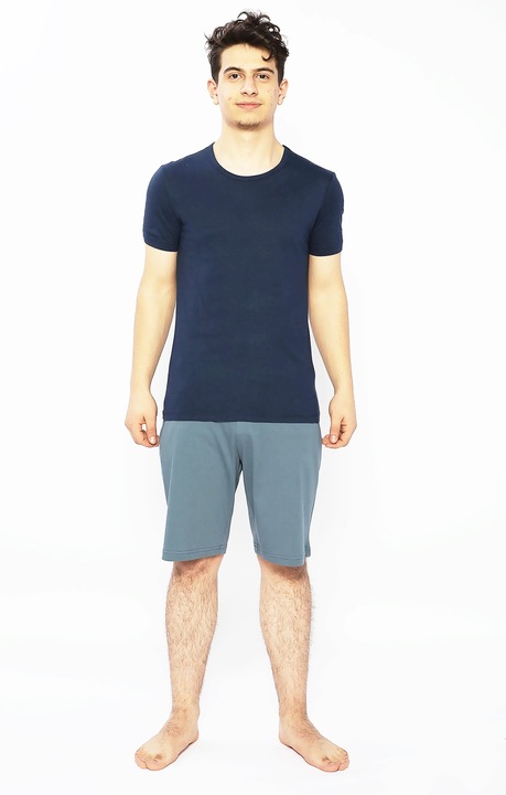 Férfi pizsama, rövid ujjú felső, rövidnadrág, fehér/fekete, Tengerészkék