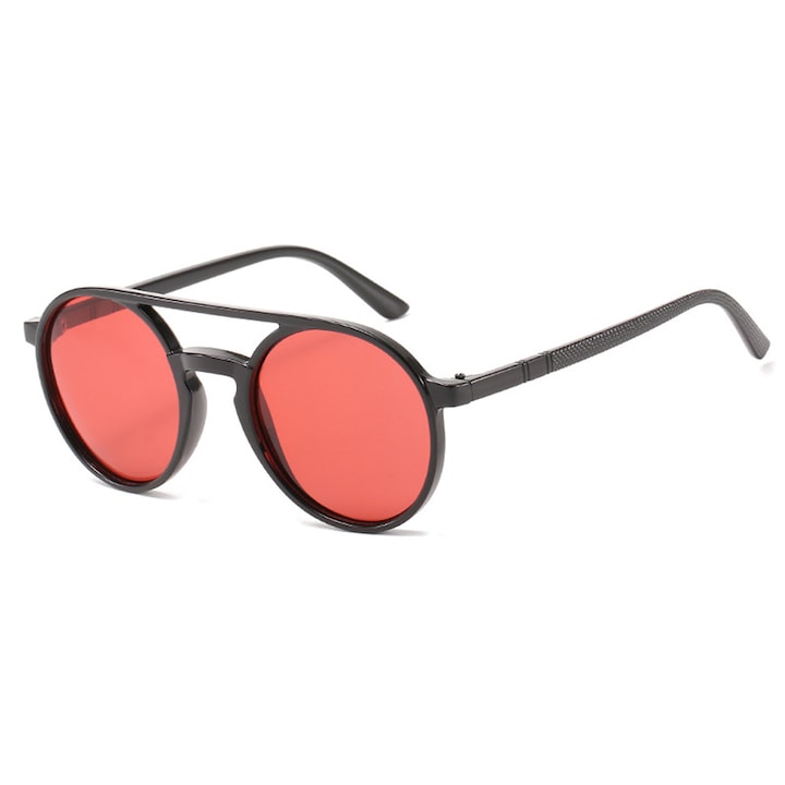 Ochelari de soare de dama, forma rotunda, polarizati, filtru UV, lentila rosie, rama neagra