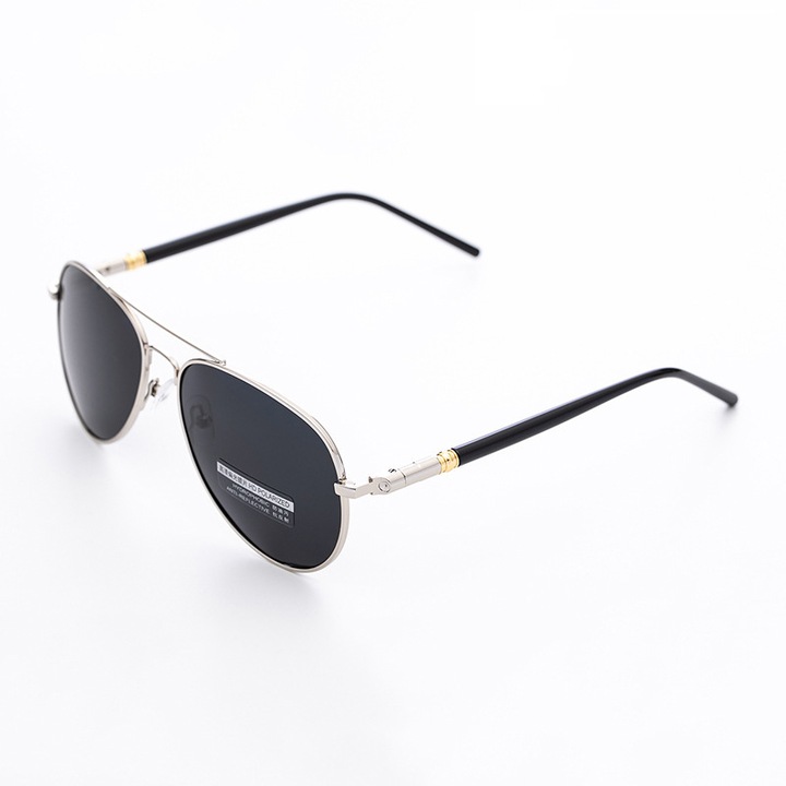 Ochelari de soare polarizati, RMEGA, Model aviator, Negru/Argintiu