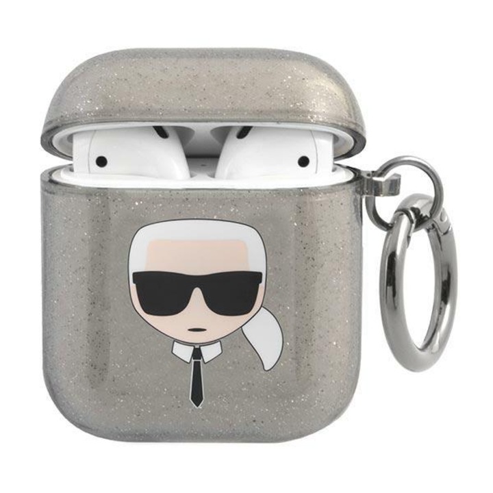 AirPods 1 és 2 tok, Karl Lagerfeld, KLA2UKHGK, Glitter Karl's Head Collection, fekete, fémgyűrű