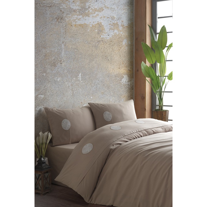 Спален комплект Valentini Bianco за двойно легло, 100% памук, с бродерия, кафяв цвят, модел Rustic Lace