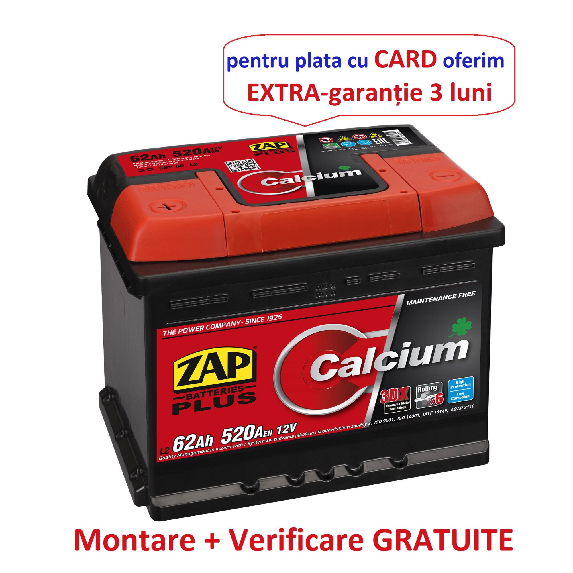 Baterie auto Zap Plus 62Ah cu borna inversa
