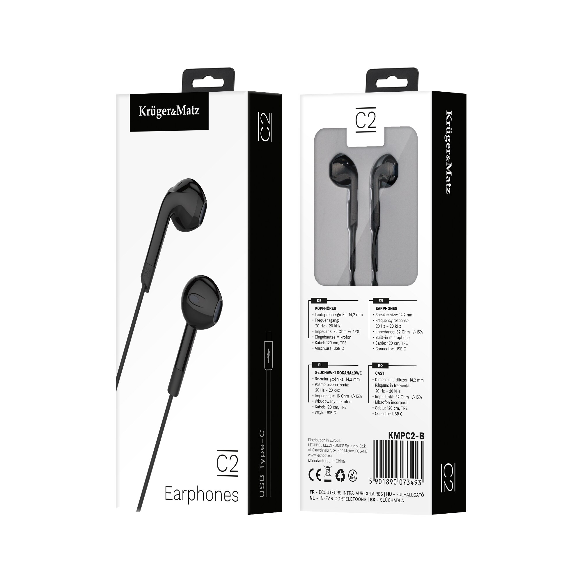 Casti in ear cu fir USB-C Kruger&Matz C2 cu microfon KMPC2, negru