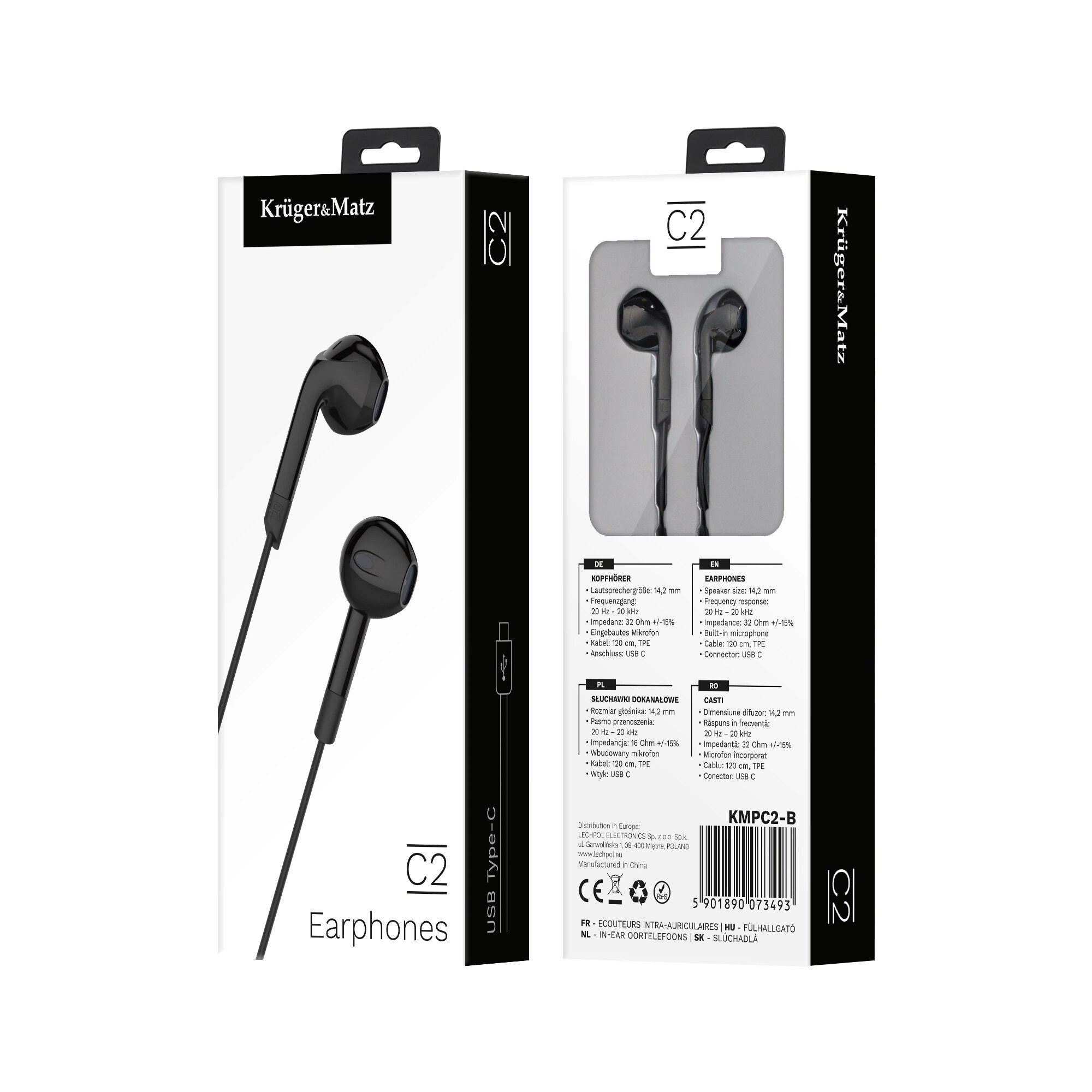 Casti in ear cu fir USB-C Kruger&Matz C2 cu microfon KMPC2, negru