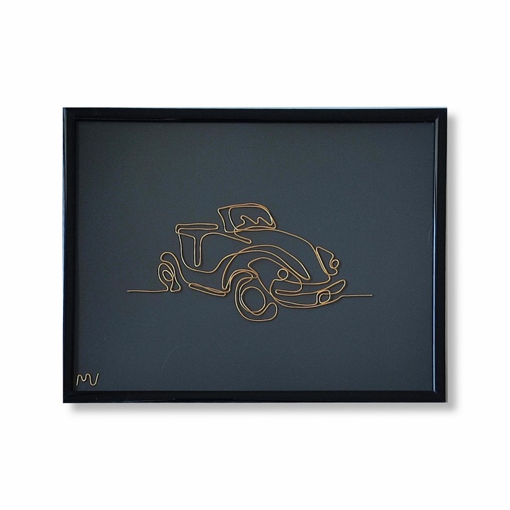 Tablou Masina Corvette, sculptura in fir continuu de sarma placata cu aur, 19x25 cm