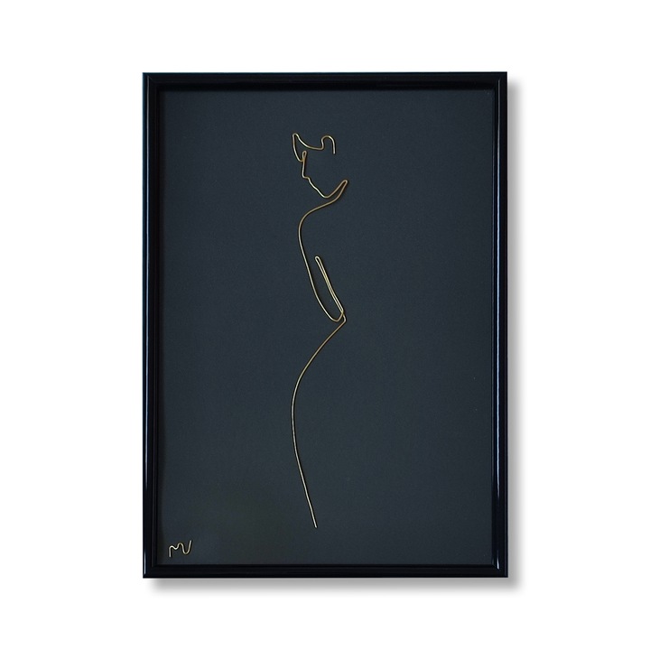 Tablou Femeie senzuala nud, sculptura in fir continuu de sarma placata cu aur, 22x31 cm