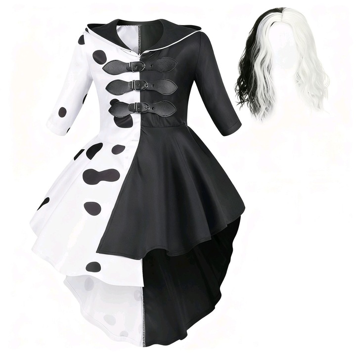 Rochie de printesa Cruella Deville, Cu peruca si manusi, AmzBarley®, 8-10 ani, 140 cm, Alb/Negru, Halloween, Carnaval, Craciun, Paste, Ziua Copilului, Ziua Indragostitilor