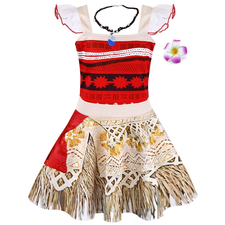 Рокля на принцеса Moana, С два аксесоара, AmzBarley, 7-8 години, 122-128 см, Червено/Бяло