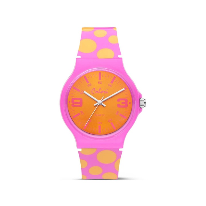 Ceas dama, Colori, Plastic, Curea din cauciuc, Galben/Roz