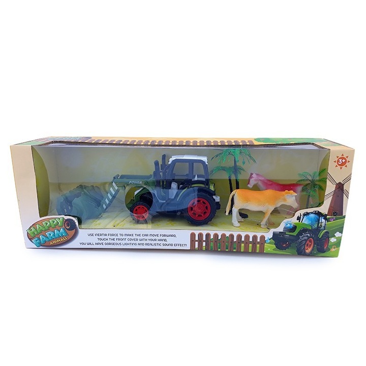 Set din plastic jucarie, tractor si animale de ferma, Happy Farm, 45x15cm