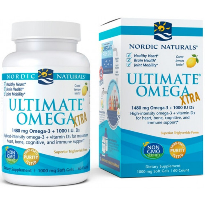 Хранителна добавка Ultimate Omega Xtra, Nordic Naturals, Omega 3/DHA, вкус на лимон, 60 капсули
