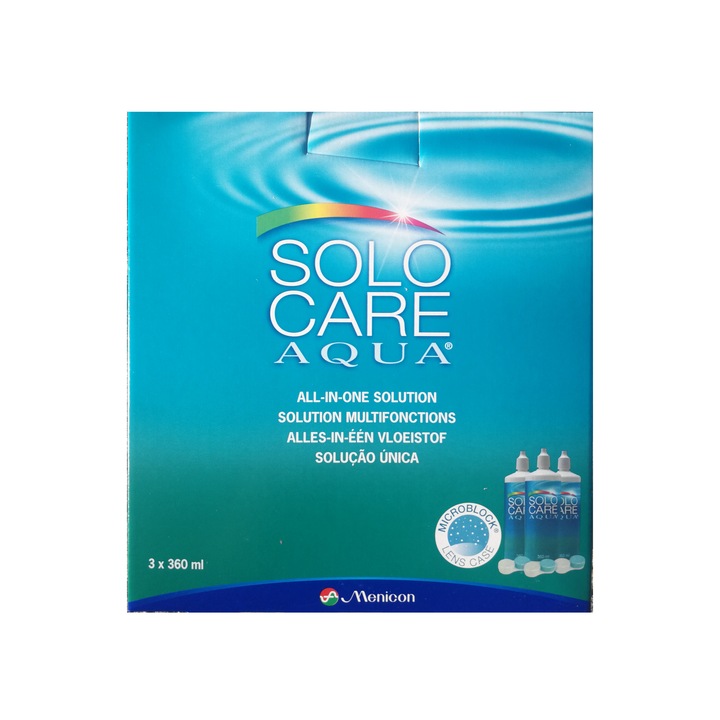 Set 3 Soluții întreținere lentile de contact, Menicon, SoloCare Aqua, 3x360 ml