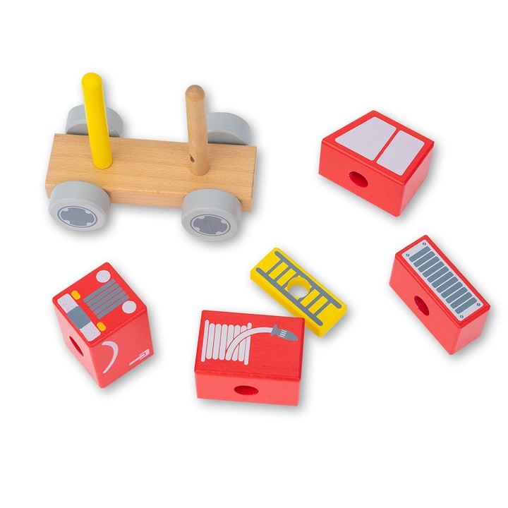 Set Cuburi de constructie din lemn tip masina de pompieri - 6 piese