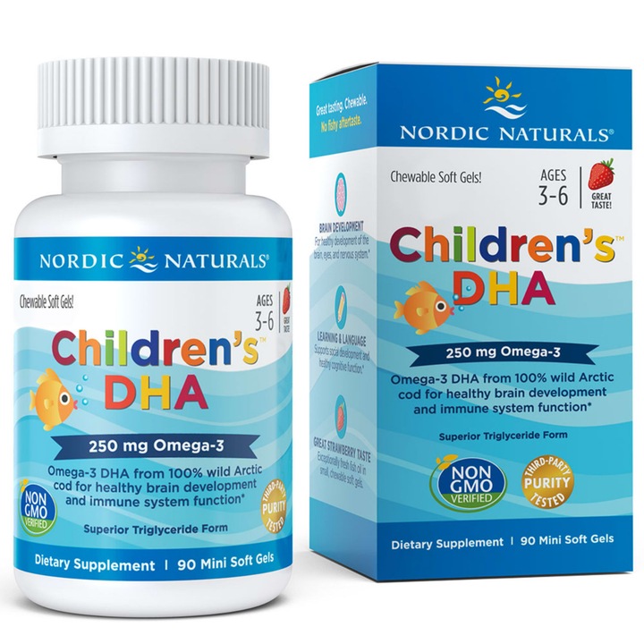 Supliment alimentar, Nordic Naturals, Omega 3/DHA, Aroma capsuni, 3 ani+, 90 de capsule