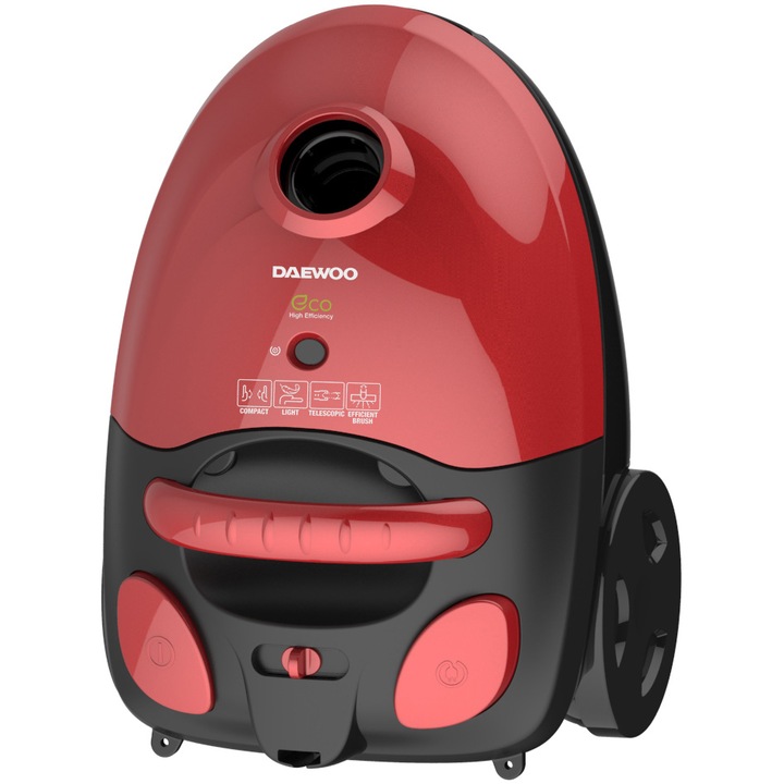 Aspirator cu sac Daewoo RC-230R-3, 700 W, capacitate sac de hartie 2 l, cotrol putere variabil, tub telescopic, furtun rotativ 360 grade, perie standard + accesorii pentru tapiterie si locuri inguste, rosu