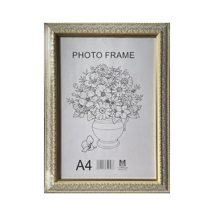 Rama foto A4, cu flori 89, din plastic, 21x30 cm, Auriu