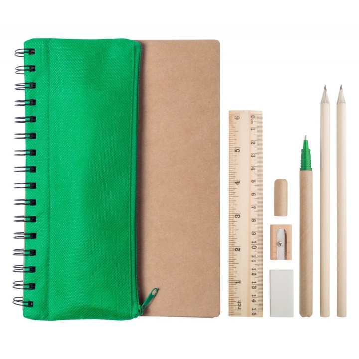 Set agenda A5 si pix, 7 piese, 155×210×9 mm, Everestus, 20FEB10273, Hartie reciclata, Verde, Natur, lupa de citit inclusa