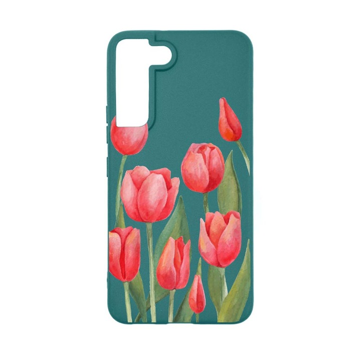 Силиконов калъф Unique за Samsung Galaxy S22 Ultra, Red Tulips, Forest Green, FG 633