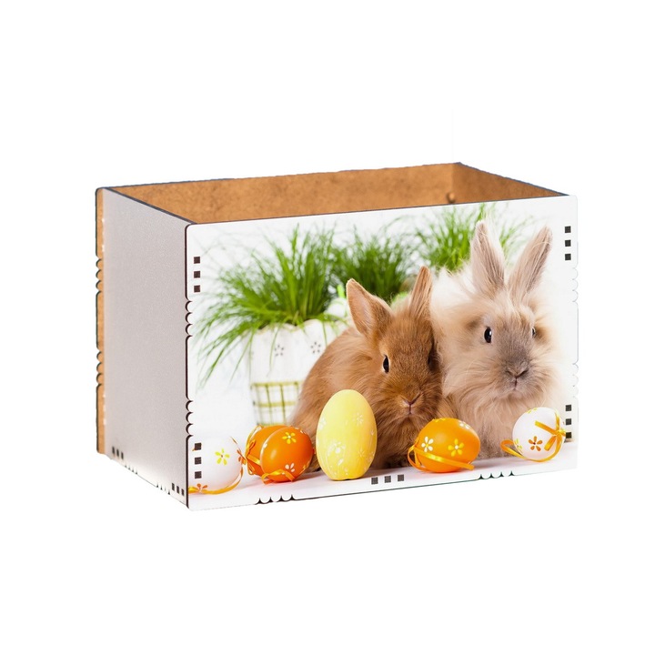 Cutie decorativa, MDF, Imprimeu, Iepurasi, Paste, DekoLaser, CFP15027, 15x10x10 cm