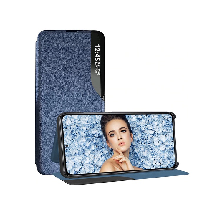 Кожен капак Flip Cover, съвместим с Huawei Honor Magic 4 Lite 5G, уникален S-View, силна магнитна стойка, E-Fold, син